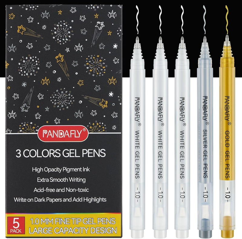 PANDAFLY Gold Silver White Gel Pens, 1mm Extra Fine Point White Pen for Art Highlight & Artists Drawing, Opaque Archival Ink Pens for Black Paper Drawing, Sketching, Illustration, Card Making, 5 Pack - Image 1